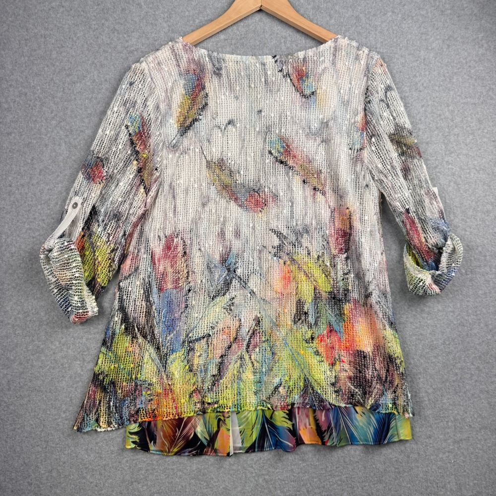 Creation Top Womens Medium Rainbow Feather Sequin Roll Tab Mesh Artsy Tunic NEW - Picture 2 of 10